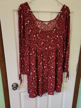 American Eagle Outfitters Red Floral Long Sleeve Babydoll Dress Size M